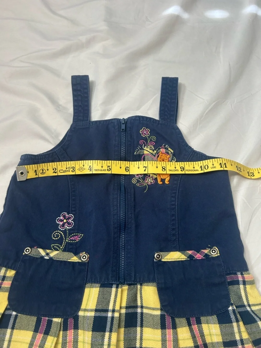 90’s  Y2K Winnie the Pooh Peplum Dress Jumper Yellow Navy Embroidered Plaid 3T